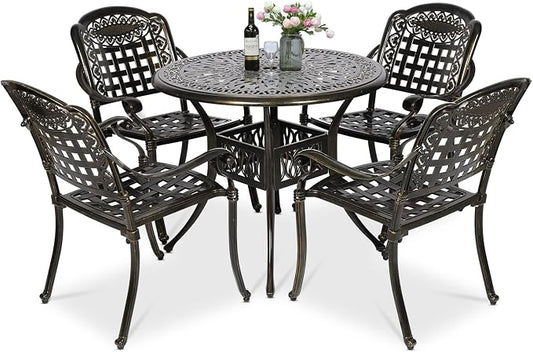 VIVIJASON 5-Piece Patio Furniture Dining Set, All-Weather Cast Aluminum Outdoor Conversation Set, Include 4 Chairs and a 35.4" Round Table w/Umbrella Hole for Balcony, Lawn, Garden, Backyard