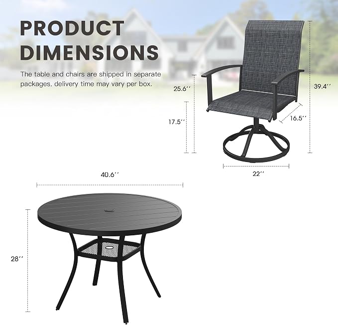 5 Pieces Round Patio Dining Set, Outdoor Furniture of 40.6" Round Patio Table and Patio Swivel Chairs for Backyard Lawn Garden, Black Table and Black Chairs