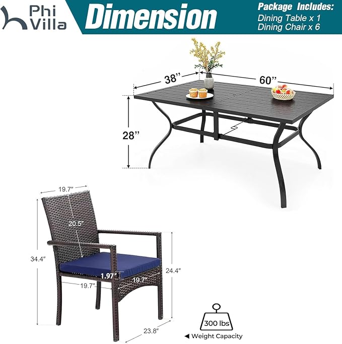 PHI VILLA 7 Piece Patio Dining Set, 60” Rectangular Table, Rattan Chairs | Outdoor Dining Set for 6, Metal Dining Table with Umbrella Hole, Rattan Wicker Chairs with Cushions for Patio, Deck, Porch