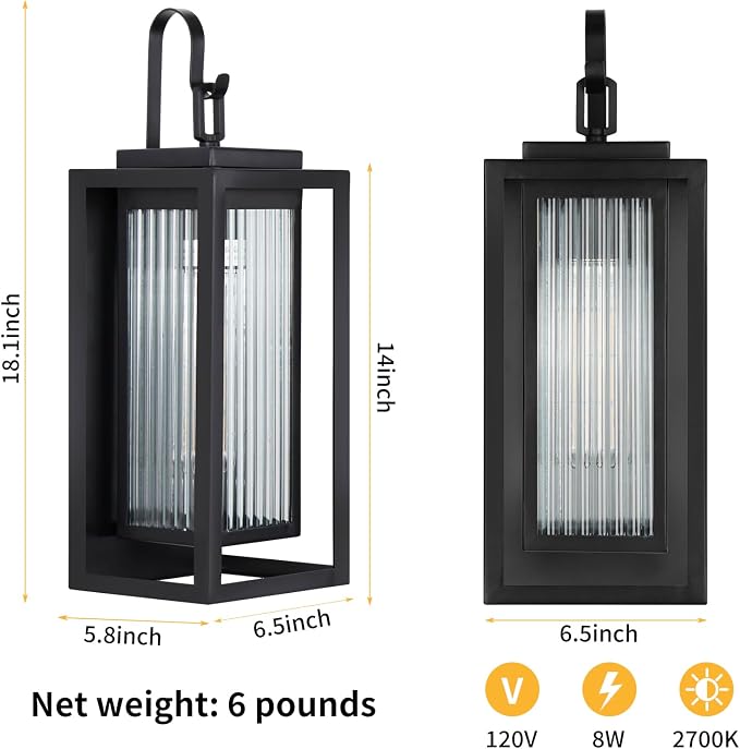 2 Pack Outdoor Wall Lights for House Exterior, 18 Inch Large Black Modern Lantern with Dual Metal Frame & Textured Glass, IP65 Waterproof (Bulbs Included)