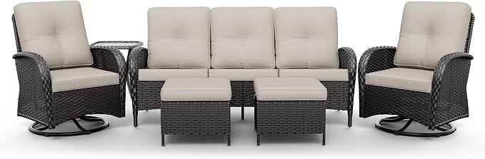 Joyside Wicker Patio Furniture Set, 6 Piece Outdoor Furniture Set with Thickened Cushions, High Back, Deep Seating, Wide Armrest, Outdoor Swivel Rocker Chairs for Porch, Deck
