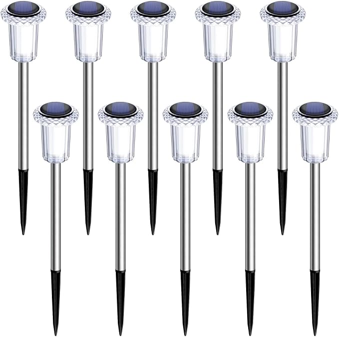 DenicMic Solar Lights Outdoor Waterproof 10 Pack Pathway Lights Cool White | Stake Lights for Yard Garden Driveway Walkway Outside Landscape Path Lights, Auto On/Off 6000K LED, Stainless Steel Pole