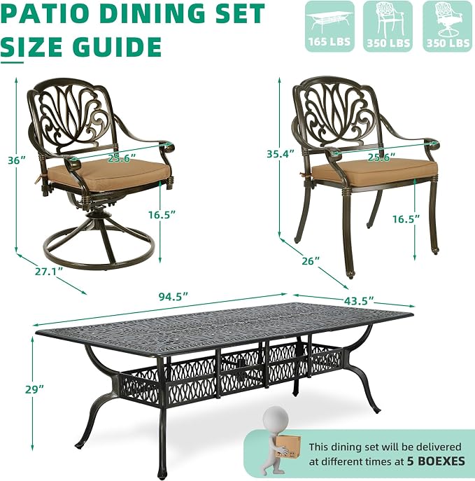 VIVIJASON 9-Piece Outdoor Dining Set, Cast Aluminum Patio Furniture Table & Chairs Set for 8, Include 94.5" Rectangular Table, 2 Swivel Rockers, 6 Stationary Chairs, Umbrella Hole, Khaki Cushion