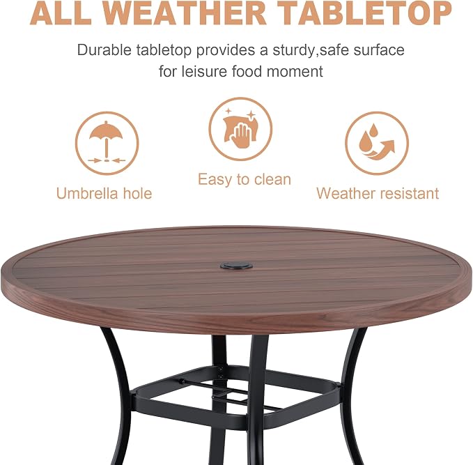 VICLLAX Round Patio Dining Table, 41 inch Metal Outdoor Dining Table with Umbrella Hole for Garden Lawn Balcony Deck, Walnut