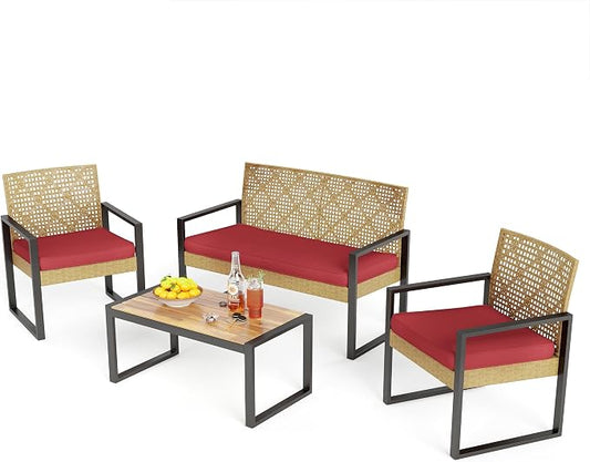 PHI VILLA Wicker Patio Furniture Set for 4, Small Patio Loveseat and Chairs with Acacia Wood Coffee Table, Outdoor Conversation Set with Red Cushion, Front Porch Furniture for Deck, Yard, Garden