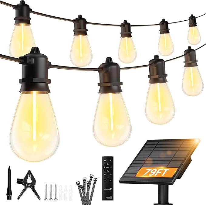 Minetom 79FT Solar String Lights Outdoor Waterproof, S14 Patio Lights | 24 LED Shatterproof Bulb, Remote Type-C Port Timable, 3 Light Modes Dimmable Solar String Lights for Outside, Yard, Camping
