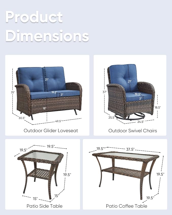 5-Piece Modern Wicker Patio Furniture Set - Outdoor Rocking Chairs, Glider Bench, Coffee Table - Brown/Blue