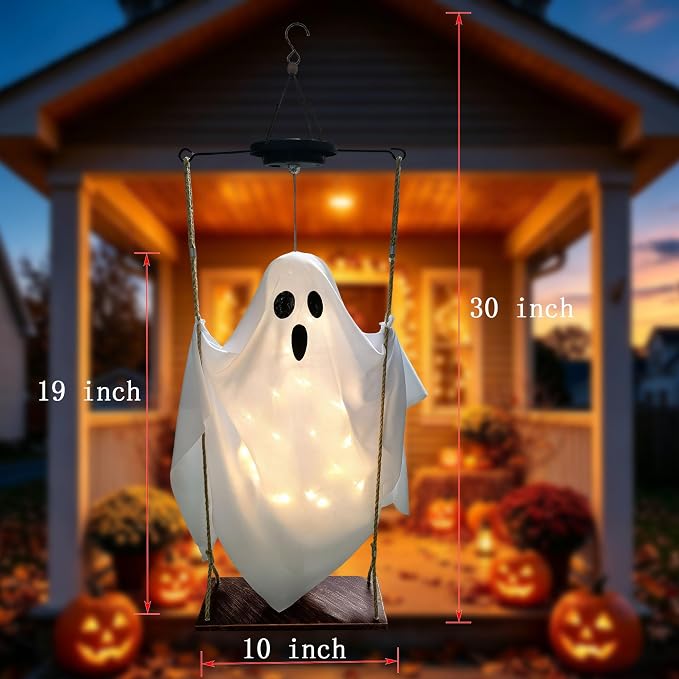 Halloween Decorations Outdoor Solar Hanging Swing Ghost Halloween Decor with String Lights, 2 Pack Scary Party Gifts Decor, Spooky Ghost on Swing Decorations for Yard Garden Porch Haunted House Tree