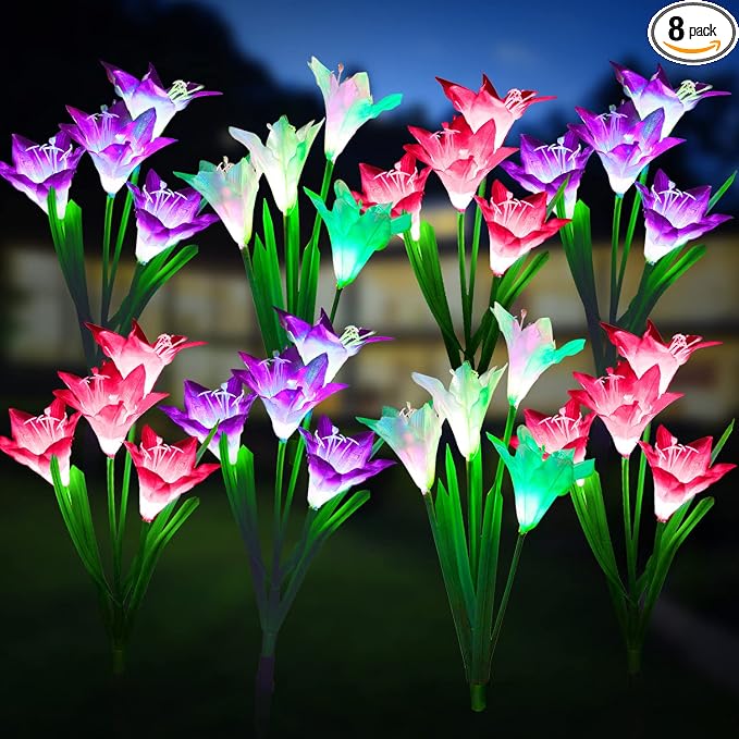 KOOPER Outdoor Solar Lights, 8 Pack Solar Garden Light with Bigger Lily Flowers, Waterproof 7 Color Changing Solar Lights Outdoor - Bigger Panel for Patio Yard Garden Decoration, Gift for Mom