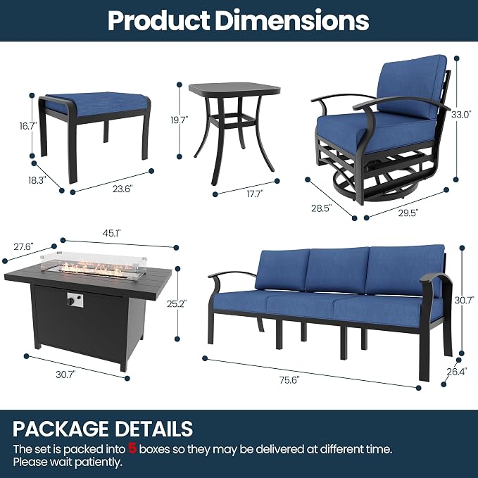 Aluminum Outdoor Patio Furniture Set,5 Seats Patio Conversation Sets with 45" Propane Fire Pit Table 2 Ottomans,Metal Furniture Set with 2 Swivel Rocking Chairs,Navy Blue