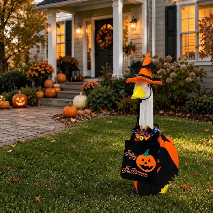 Halloween Porch Goose Outfits for 23'' Lawn Geese Statue Goose Costume with Witch Hat Pumpkin Outfits Bow Candy Treat Bag, Outdoor Garden Goose Decor for Patio Yard Lawn Art Halloween Ornament