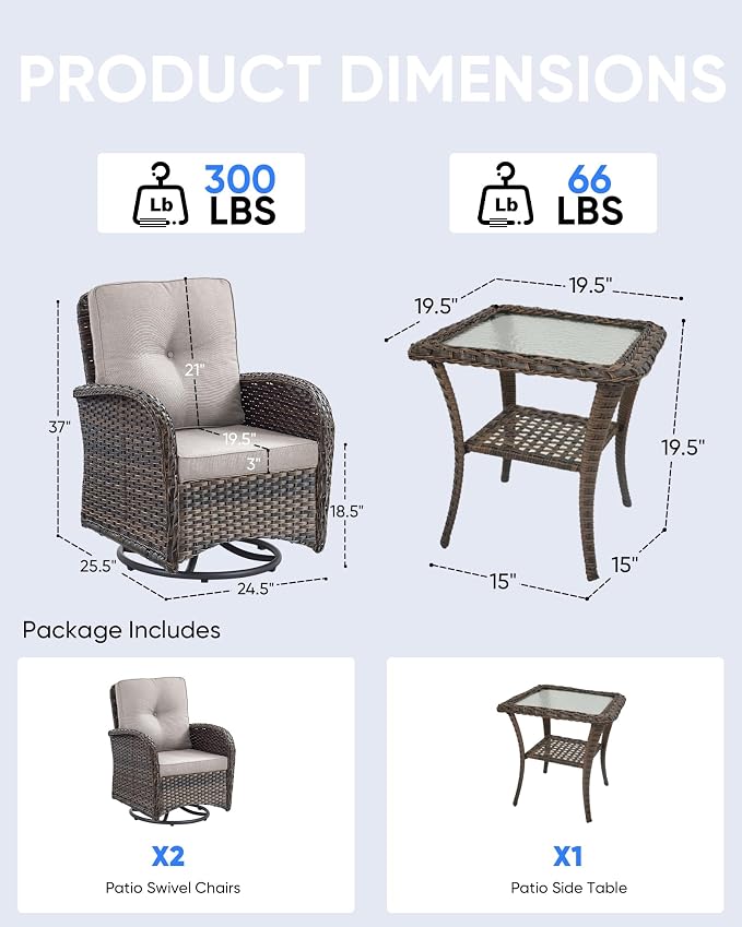 3 Pieces Patio Bistro Set Outdoor Swivel Rocker Patio Chairs with Side Table Patio Furniture for Deck Porch Garden Balcony Poolside