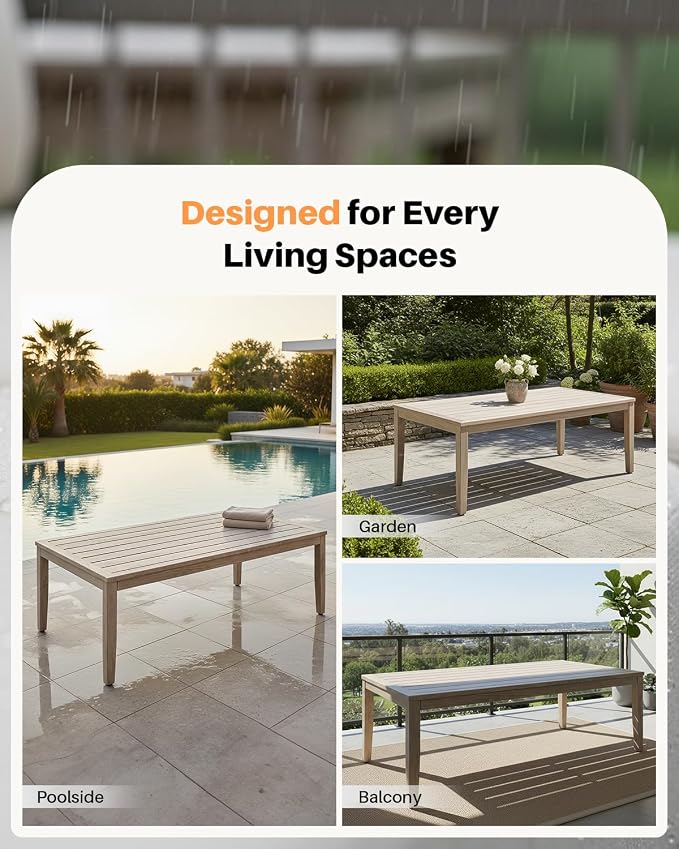 Never-Rust Aluminum Outdoor Coffee Table, All-Weather Patio Coffee Table with Faux Wood Grain Finish Frame, Rectangle Outdoor Table with Adjustable Feet for Garden, Porch, Backyard, Indoor