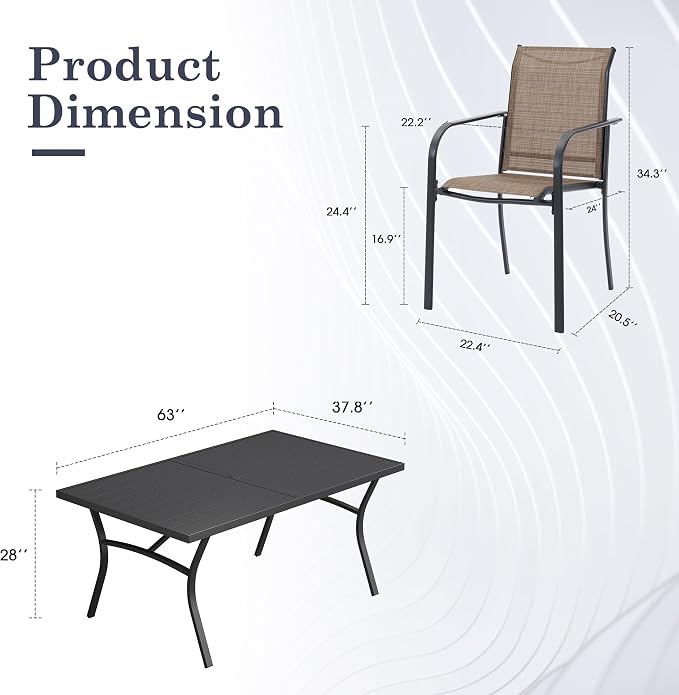 Patio Table and Chairs Set for 6, Outdoor Dining Set with 6 Stackable Dining Chairs and 63.1" x 28" Rectangle Patio Metal Table for Backyard, Deck, Lawn, Garden, Brown & Black