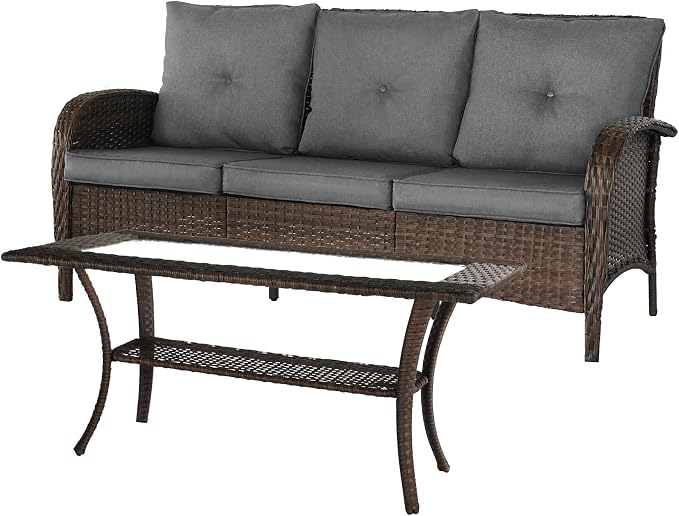 YLGJ&TIDY Outdoor Furniture 2PCS Set All-Weather Brown Wicker Patio Conversation Set 3 Seater Rattan Sofa Glass Coffee Table for Garden Backyard Porch Balcony w/Thick Cushions (Gray,2PCS Sofa/Table)