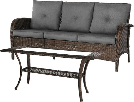 YLGJ&TIDY Outdoor Furniture 2PCS Set All-Weather Brown Wicker Patio Conversation Set 3 Seater Rattan Sofa Glass Coffee Table for Garden Backyard Porch Balcony w/Thick Cushions (Gray,2PCS Sofa/Table)