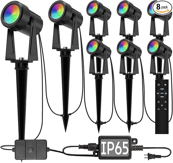 SUNTHIN Outdoor Landscape Lighting with Remote, RGBW Color Changing Spot Uplights, 8 Pack