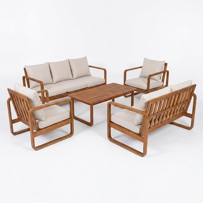 Christopher Knight Home Myra Acacia Wood 5 Piece Outdoor Patio Furniture Set, Wooden Patio Conversation Set with Sofa Loveseat Club Chairs & Coffee Table, 7-Seater Patio Sofas and Table Set,Teak+Beige