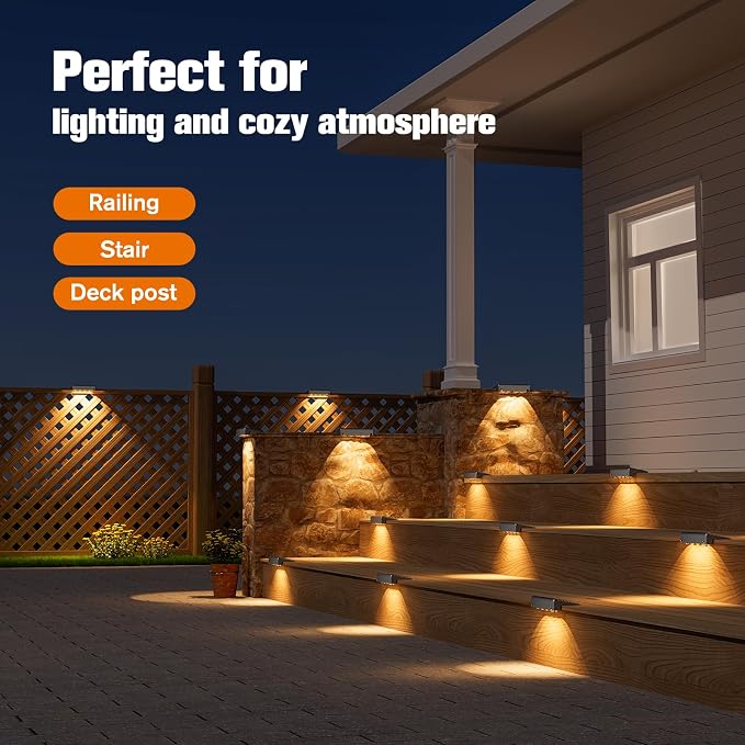 Solar Deck Lights Outdoor 16 Pack, IP65 Waterproof Large Size LED Stair Lights with Lenses, Auto ON Off Warm White Step Lights for Outside, Deck, Patio, Fence, Yard, Pathway and Railing Decor