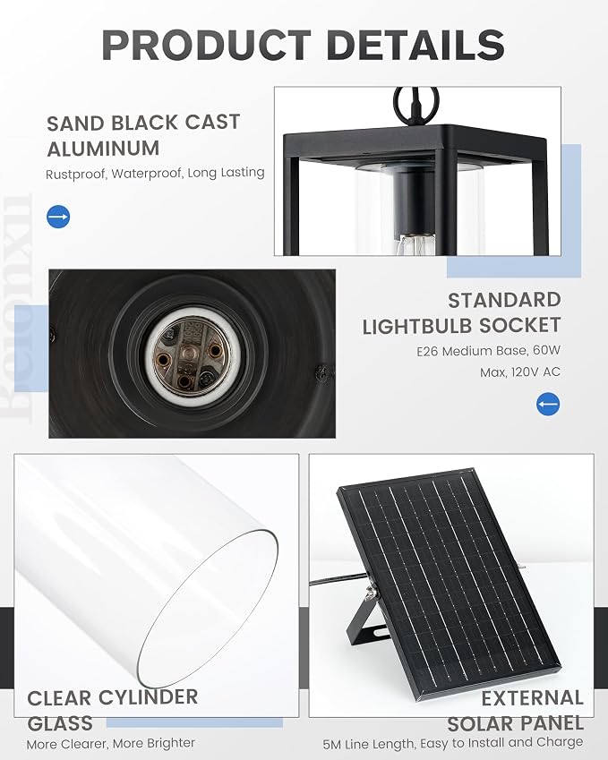 Beionxii 15" Solar Outdoor Pendant Light,Farmhouse Exterior Hanging Lantern | Anti-Rust Aluminum, Waterproof, Dusk to Dawn Modern Outside Chandelier w/Remote and Bulb for Coastal, Porch, Patio, BXA291-SH