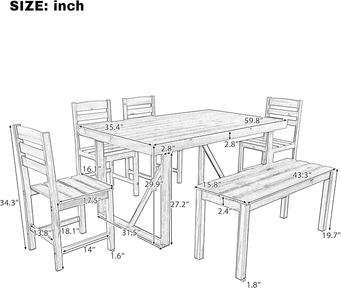 6 Pieces Outdoor Acacia Wood Dining Table Set for 7 with 59.8" Rectangular Table and 4 Chairs and Bench, Modern Patio Dinner Set without Cushion for Backyard, Garden, Poolside or Indoor, Brown