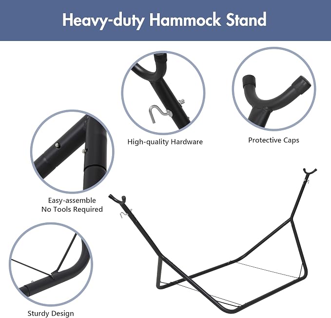 ANOW Two Person Hammock with Stand for Outside, Space Saving Hammock Stand with Adjustable Height, 475 Lbs Capacity, Blue and White Stripe
