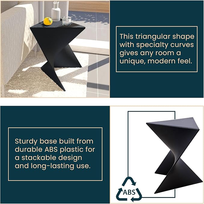 LeisureMod 15.75" Triangular Side Table, Stackable Plastic Accent End Table for Indoor & Outdoor Use, Weather-Resistant Modern Patio & Living Room Table, Black