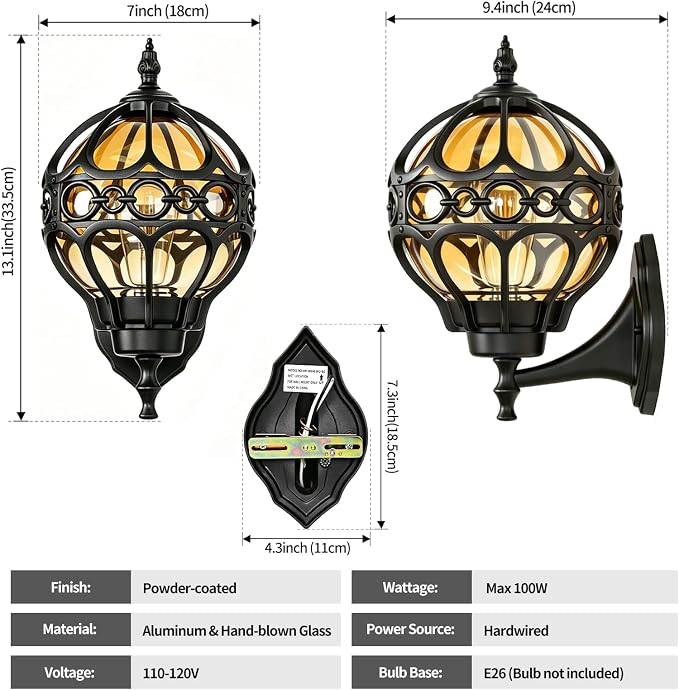 2 Pack Black Globe Outdoor Wall Lights, Round Exterior Wall Sconce for Patio, Porch, Garage, Anti-Rust Aluminum Wall Mount Lighting Fixture, Classic Wall Lantern with Ornate Cage & Amber Glass