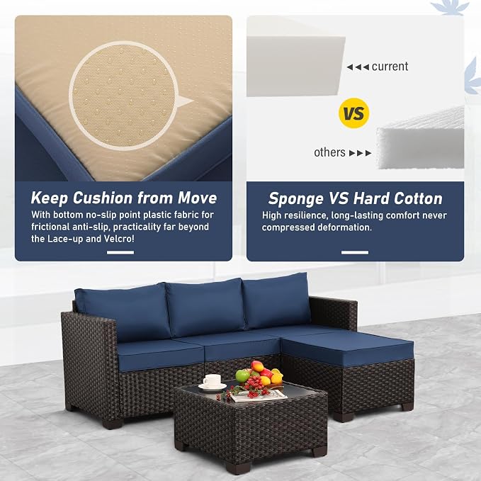 Patio Furniture Set 3 Pieces Outdoor Sectional Sofa Set Wicker Patio Furniture Outdoor Couch Outdoor Ottoman Coffee Table with Glass All-weather Non-slip Cushions Waterproof Covers, Navy Blue