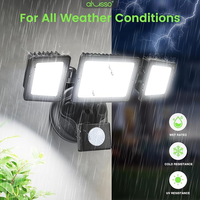 ALUSSO LED Security Lights Motion Sensor, 36W 3000LM Flood Lights Outdoor Motion Sensor with Remote, Dimmable Brightness 3000K-6000K CCT IP65 3 Heads Outdoor Security Light for House Garage Yard 2Pack