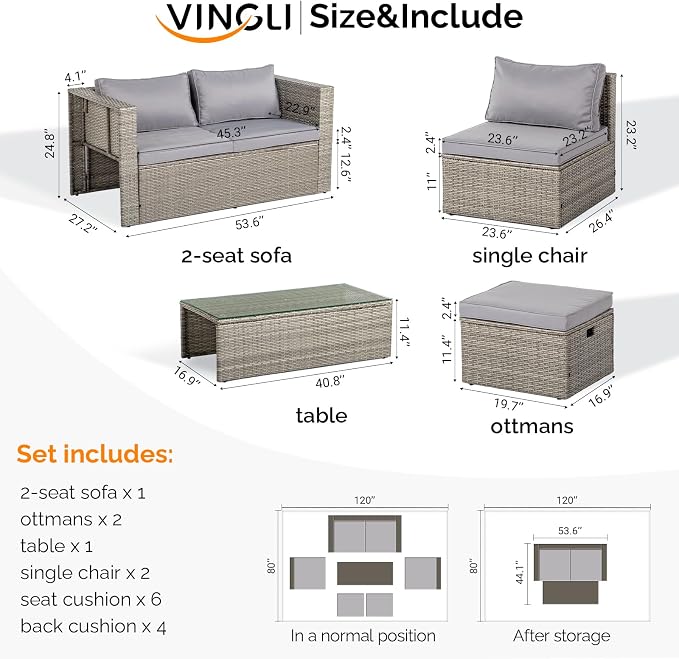VINGLI 6 Pieces Wicker Patio Furniture Set, Outdoor Sectional Furniture Patio Conversation Set Space-Saving Design with Ottomans and Coffee Table for Garden,Poolside, Backyard(Grey)