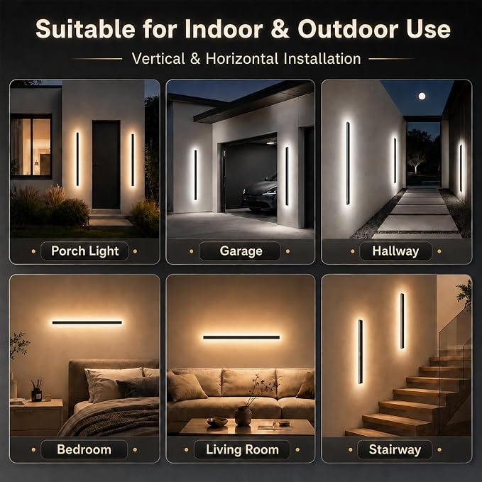 71inch Modern Outdoor Wall Light, 2700K-6500K Dimmable Black Long Wall Sconce, IP65 Waterproof Outdoor Exterior Lights for House, Courtyard, Porch, Garage