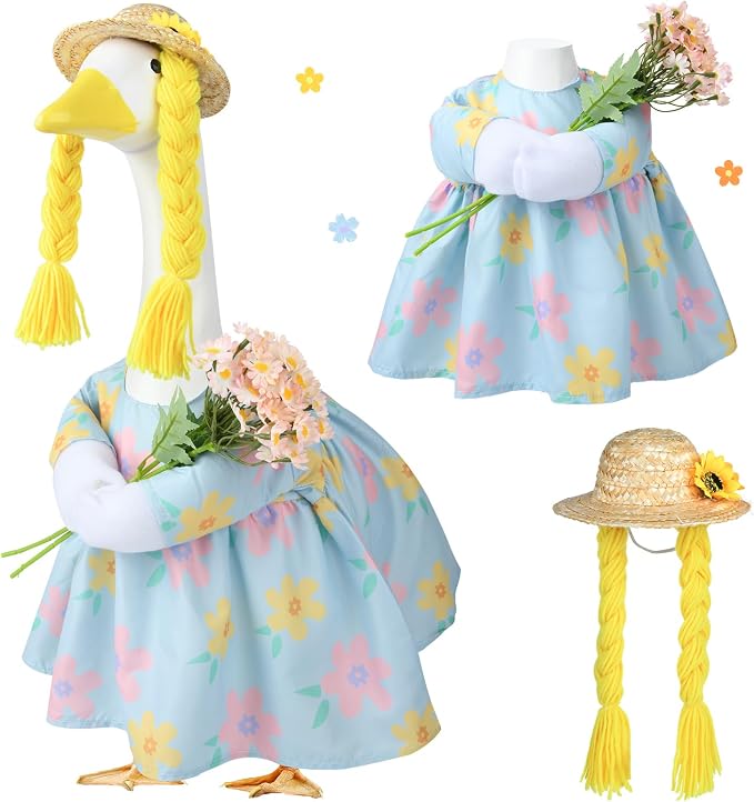 Spring Porch Goose Outfit, 23 Inch Floral Dress with Straw Hat and Braided Hair, Cute Goose Statue Clothes for Outdoor Lawn Garden Decor, Funny Farmhouse Porch Decoration
