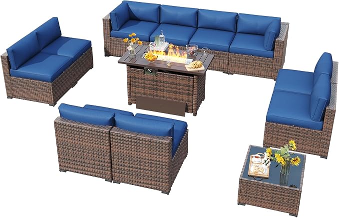 LazySunsets 12 Piece Outdoor Patio Furniture Set with 44'' Fire Pit Table, Outdoor Patio Furniture Sets with 4'' Thicken Cushion, Wicker Rattan Outdoor Conversation Set for Backyard, Blue
