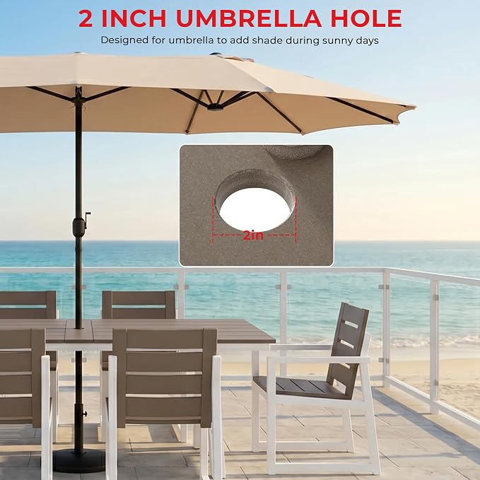 Costaelm Rectangle Patio Table, 8-Person Backyard Table 90" HDPE Dining Table with Umbrella Hole and Metal Frame for Outside, Garden, Poolside, Deck, Porch, Balcony, Weathered Wood