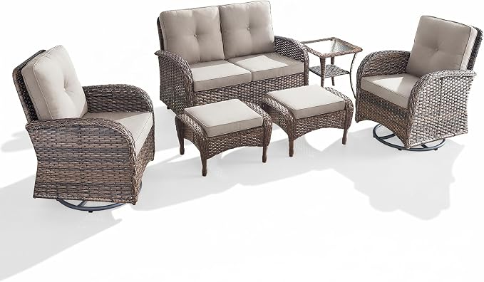 Outdoor Swivel Glider Rocker Chairs Set- 6 Piece Patio Furniture Set with A Glider Loveseat, Tempered Glass Side Table and 2 Ottoman, for Balcony, Porch - Brown Wicker, Beige Cushion