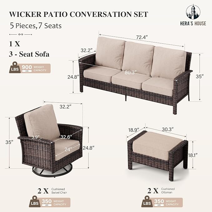 HERA'S HOUSE 5-Piece Patio Furniture Set, Outdoor High Back Swivel Chairs Set with Ottomans, Brown Wicker Conversation Set with 5.5” Thick Cushion for Deck Porch Garden Lawn, Beige