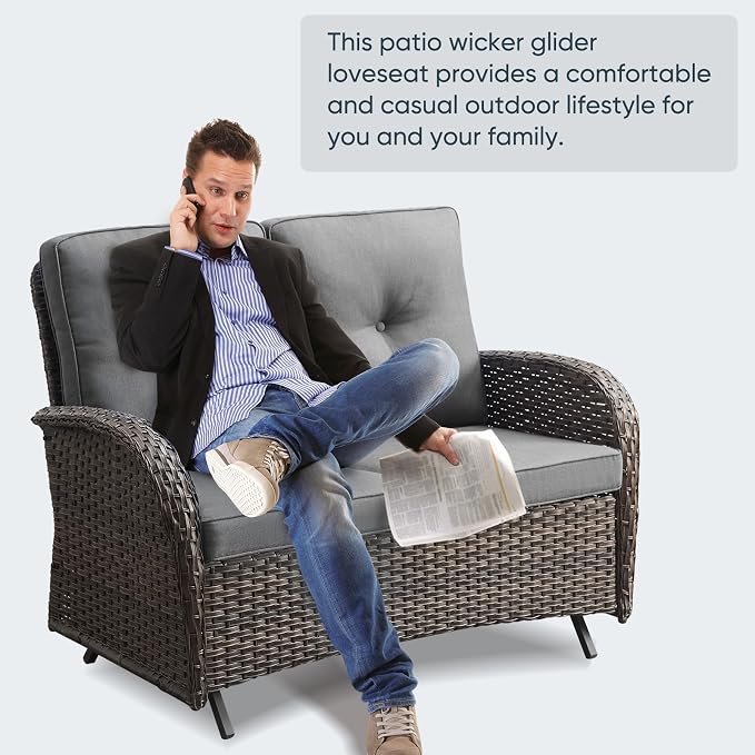 Belord 6 Piece Patio Conversation Sets - Wicker Patio Furniture Sets with Outdoor Swivel Rocker Chairs, Glider Loveseat Perfect for Patio Deck Backyard, Brown Wicker Grey Cushion