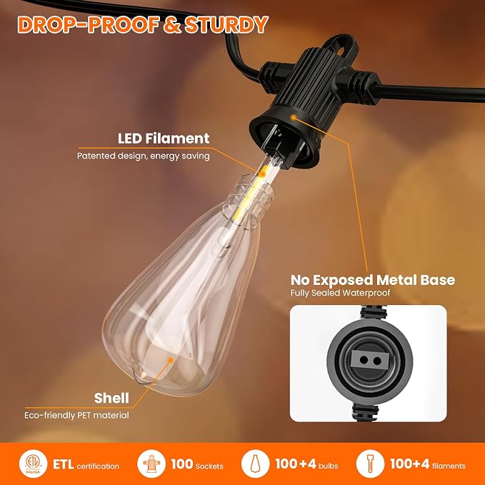 Kawaya 200FT LED Outdoor String Lights, Dimmable Waterproof Shatterproof Vintage Patio Lights with 100+4 Bulbs, Commercial Grade for Backyard, Garden, Bistro, Cafe & Party