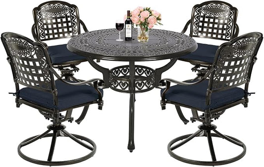 MEETWARM 5-Piece Outdoor Patio Dining Set, All-Weather Cast Aluminum Patio Conversation Set with 4 Cushions Swivel Rocker Chairs for Backyard Garden Deck and 38.5" Round Table, Navy Blue