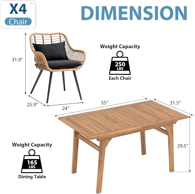 JOIVI 5 Pieces Outdoor Dining Set, Patio Table and Chairs Set for 4, Patio Outdoor Furniture Set with Extendable Dining Table for Porch, Deck, Bistro, Backyard, Garden, Black