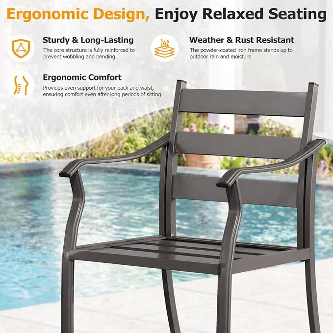 EROMMY 5-Piece Outdoor Patio Dining Set, 4 Metal Slat Chairs & Square Table with Umbrella Hole, All-Weather Patio Furniture for Backyard, Deck and Garden