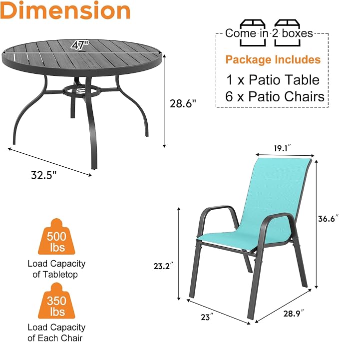 Outdoor Patio Dining Set for 6, 7 Pieces Patio Table and Chairs Set with Umbrella Hole, 47"x 47" Round Metal Wood-Grain Dining Table Set with 6 Stackable Patio Chairs for Deck , Backyard, Porch