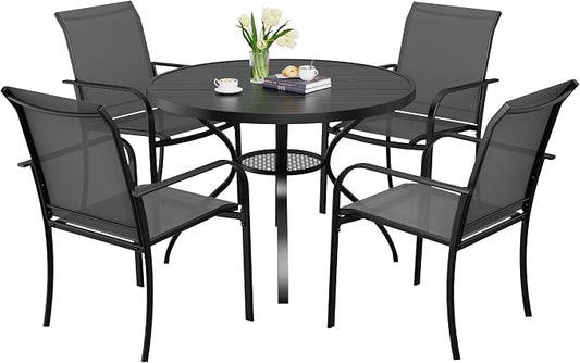 5-Piece Patio Dining Set,4 Person Outdoor Table and Chairs Set, 4 Metal Dining Chairs and Round Outdoor Table with 1.57" Umbrella Hole,Grey