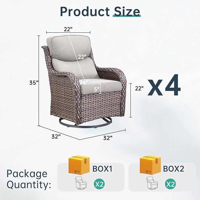 Outdoor Swivel Rocker Patio Chairs Set of 4-5" Thick Cushion 4 Piece Furniture Set All Weather Comfortable Wicker Conversation Set for Porch Poolside and Deck - Brown-Beige