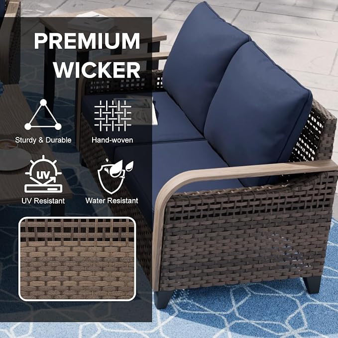 COOS BAY Modern Wicker Outdoor Furniture Set, 5 Piece Patio Conversation Set with 2 Patio Chairs, a 3 Seat Couch and 2 Ottomans, 5 Piece, Brown/Blue