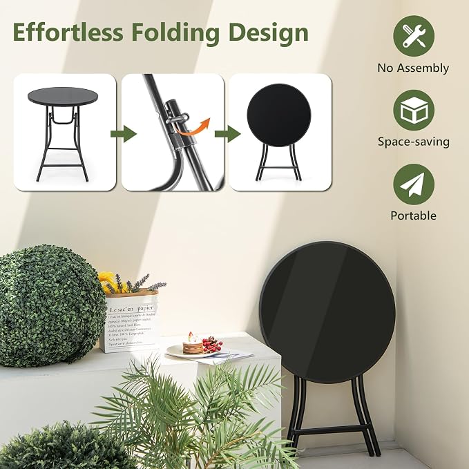 HOMGX 23 Inch Round Folding Bistro Table, Outdoor Patio Side Table with Tempered Glass Tabletop & Heavy-Duty Metal Frame, Portable Foldable Cocktail Table for Balcony, Porch, Deck, Backyard, Poolside