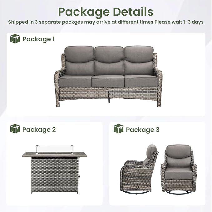 Luxury Patio Furniture Set with 6-inch Thick Cushion, Outdoor Furniture with Fire Pit Table, Swivel Chairs, Sofa, 4pcs Wicker Conversation Set for Deck Yard and Poolside Grey Wicker | Grey Cushions