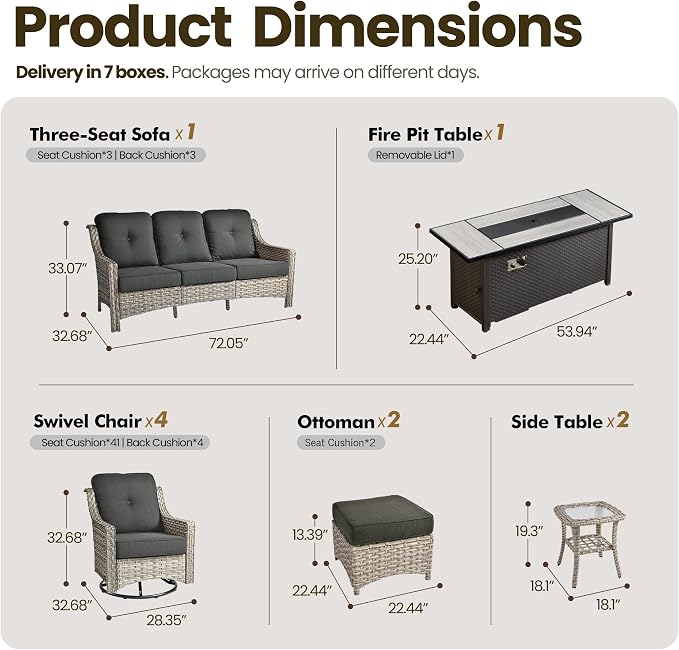 10 Piece Patio Furniture Set with Fire Pit Table, Outdoor Wicker High Back Sofa and Swivel Rocker Chairs Set of 4 with Ottoman, Large Conversation Sets for Backyard Deck Garden, Black