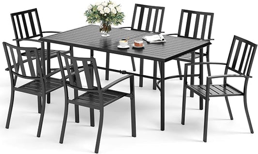 SUNSHINE VALLEY 7 Piece Patio Dining Set for 6, 67x38 Wood-Like Metal Table with Umbrella Hole and 6 Pcs Rust-Proof Stackable Chairs, Outdoor Table and Chairs Set for Backyard Garden Deck (Style 1)